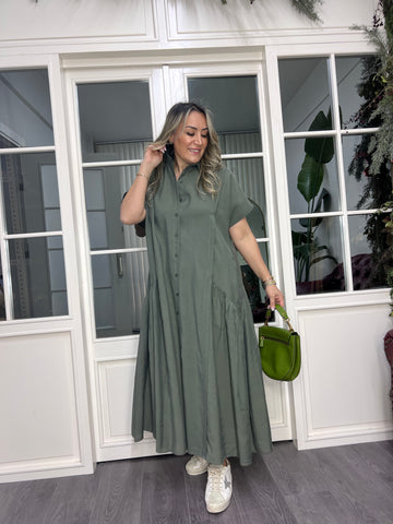 A02152 haki yeşil düğmeli owersize elbise