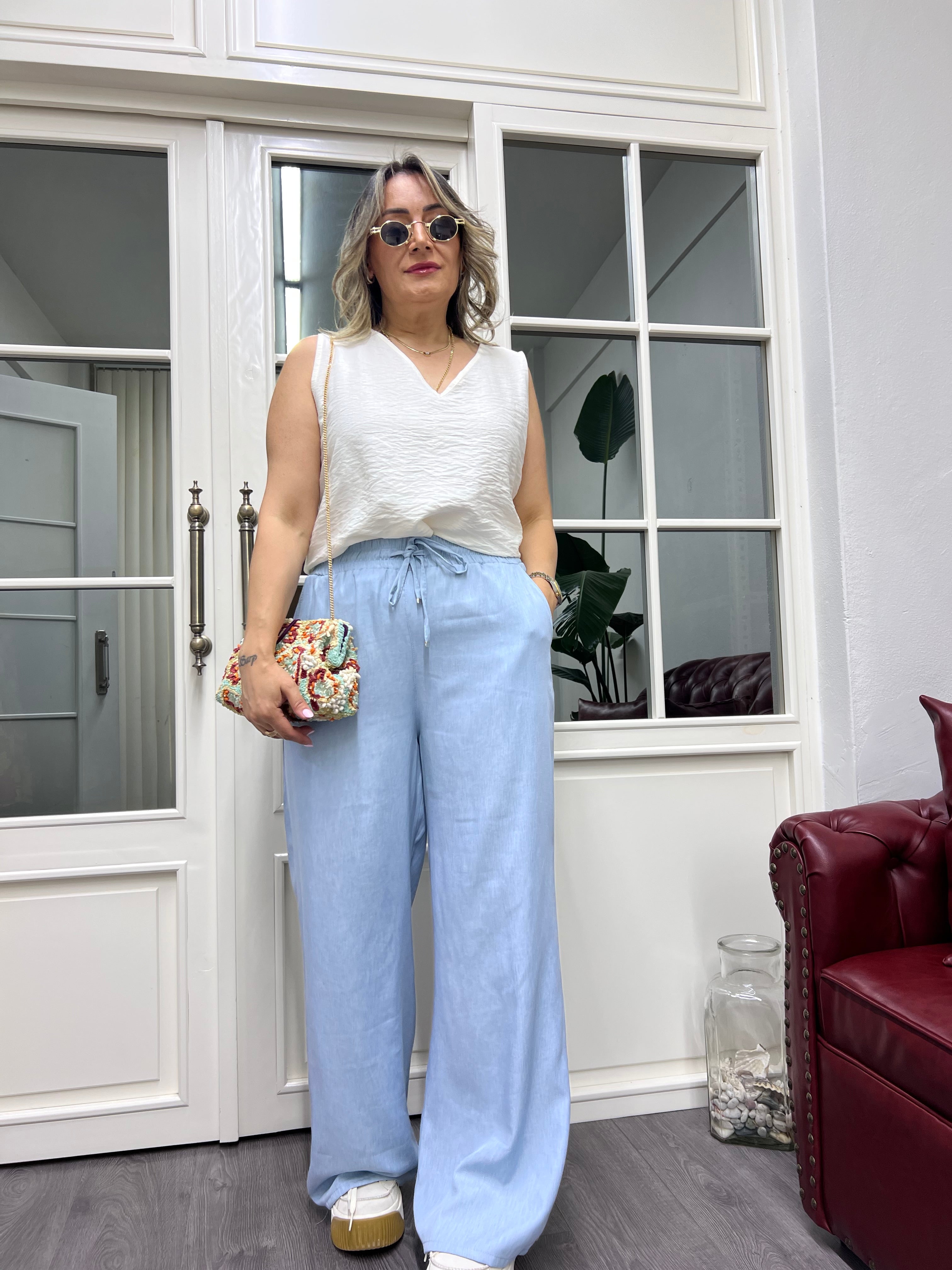 A01910 beli lastikli açık mavi bol pantolon