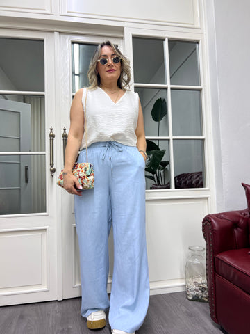 A01910 beli lastikli açık mavi bol pantolon