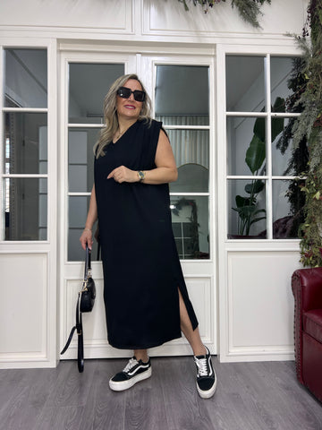 A02450 kolları pilili yırtmaçlı modal kumaş elbise