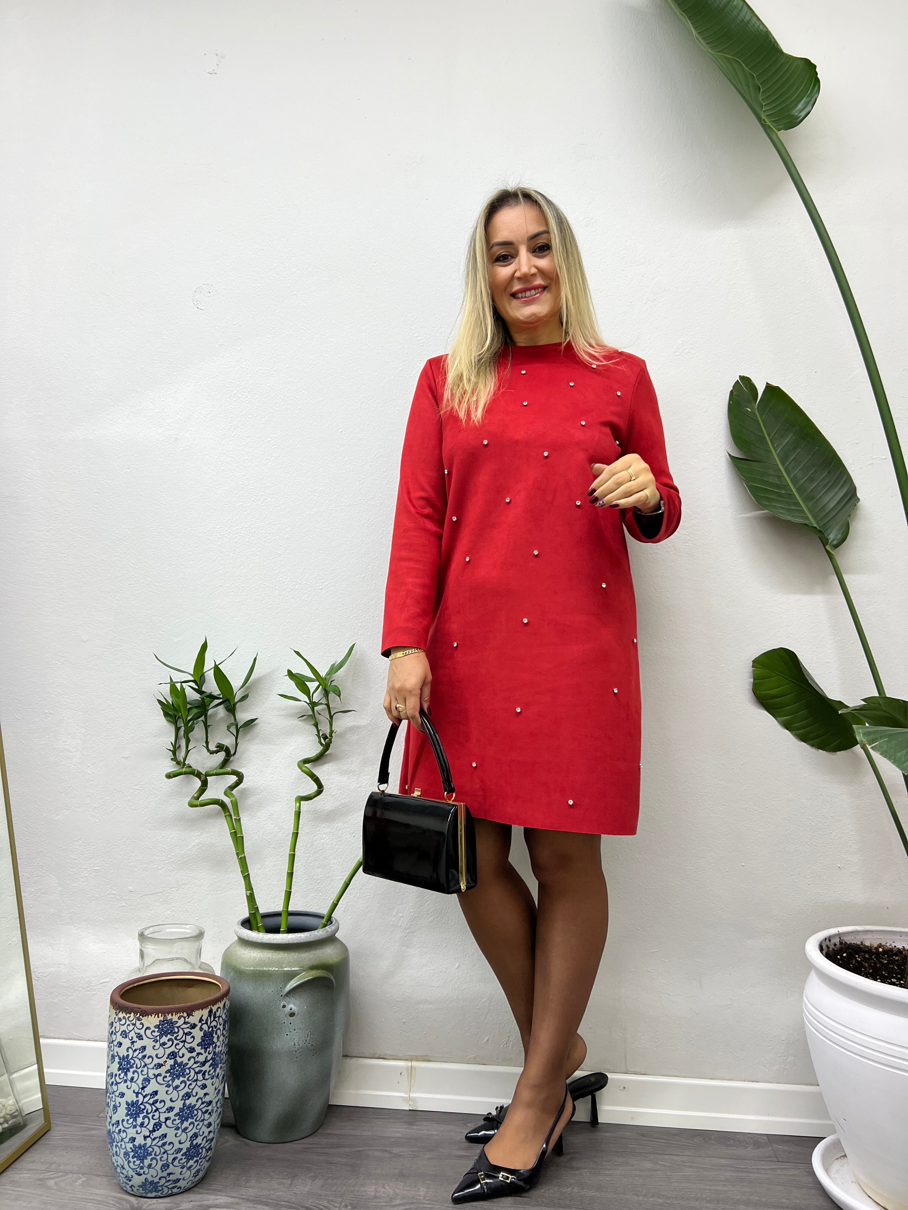 A01640 nubuk likra taşlı elbise