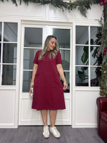 A02375 bordo likralı cepli elbise