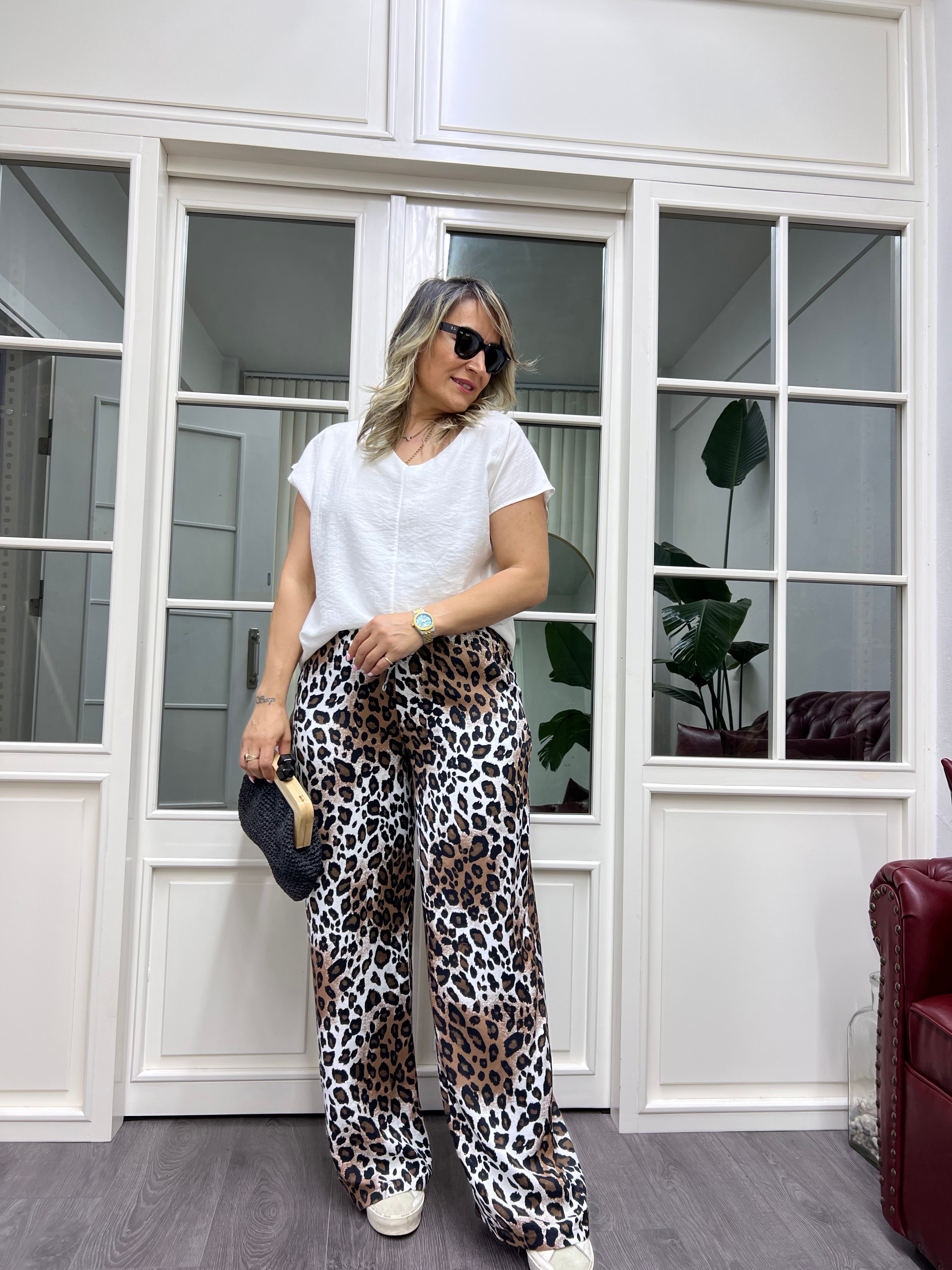 A01899 leopar desen crep kumaş pantolon