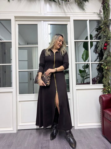 A02245 kahve fermuarlı likralı modal kumaş elbise
