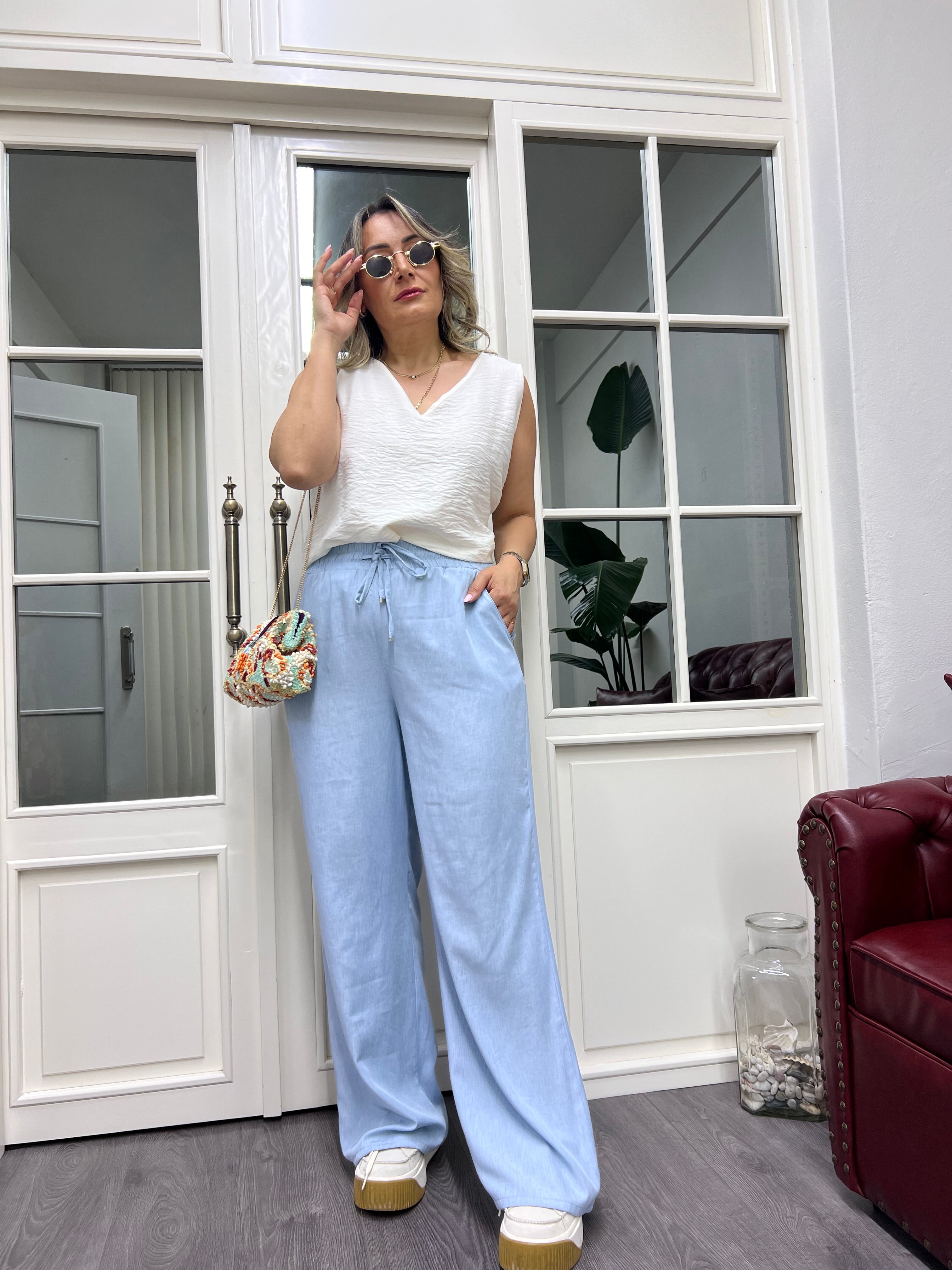 A01910 beli lastikli açık mavi bol pantolon