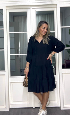 A02315 siyah ipli viskon kumaş owersize elbise