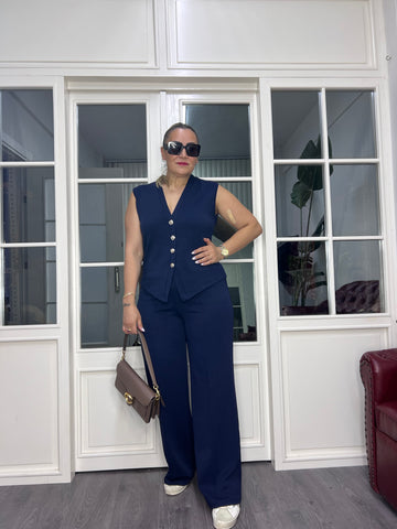 A02573 lacivert düğmeli ful likralı yelekli takım