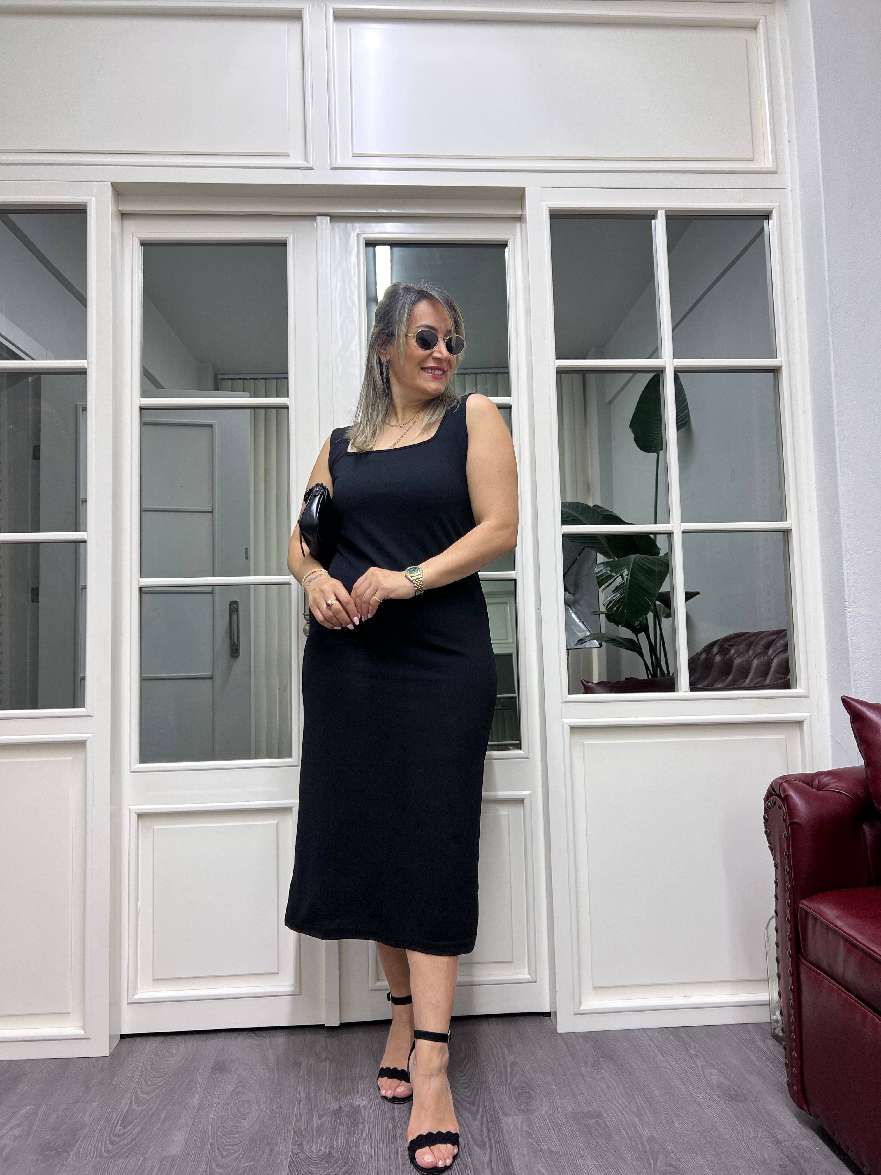 A01894 kare yaka likralı yırtmaçlı elbise