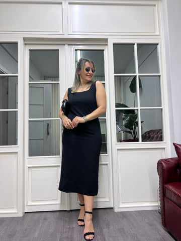A01894 kare yaka likralı yırtmaçlı elbise