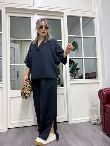 A01958 siyah owersize keten takım