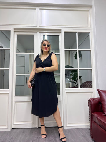 A01891 omuzları bağlamalı beli lastikli likralı elbise