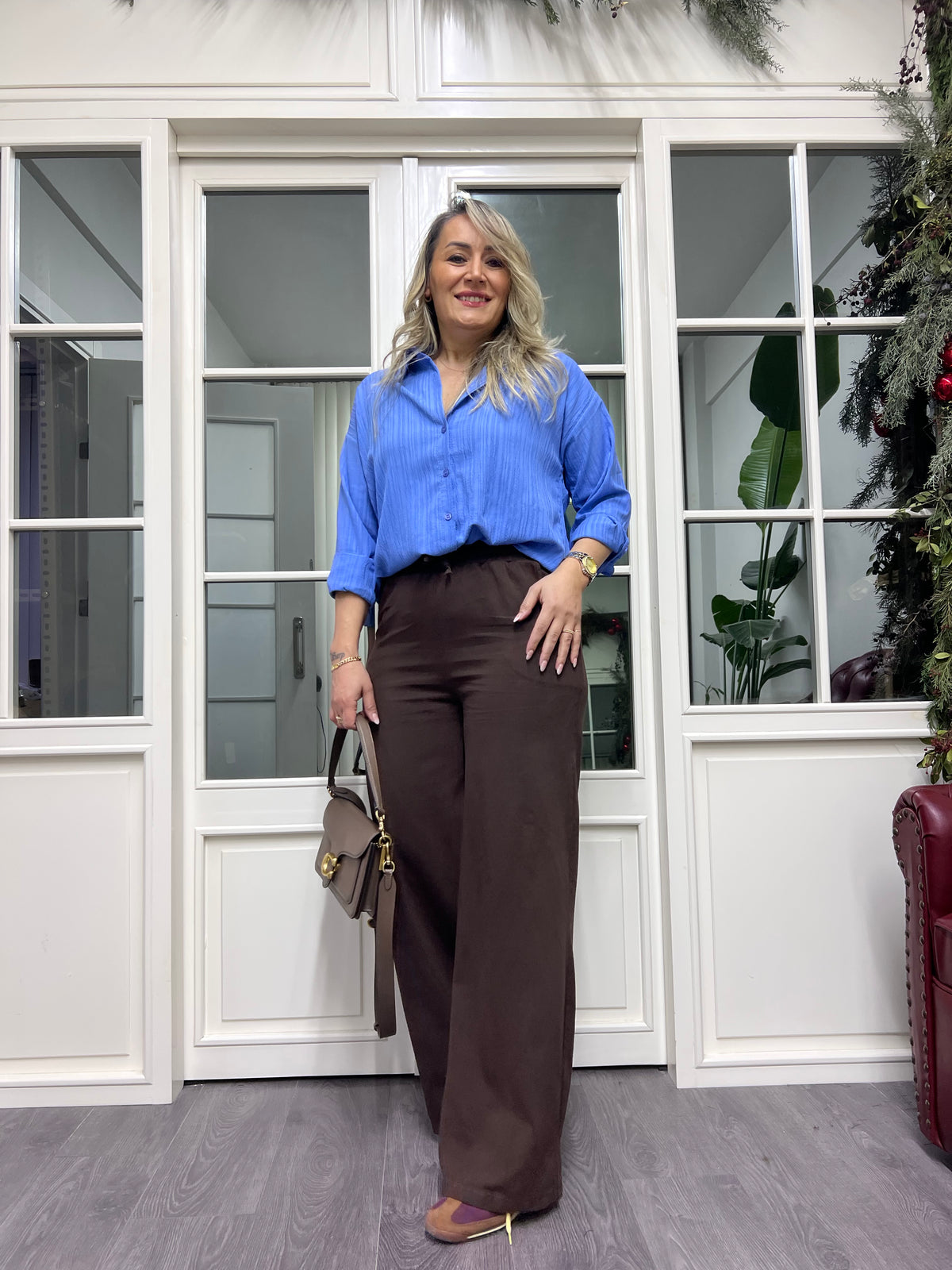 A02288 beli lastikli canvas pantolon