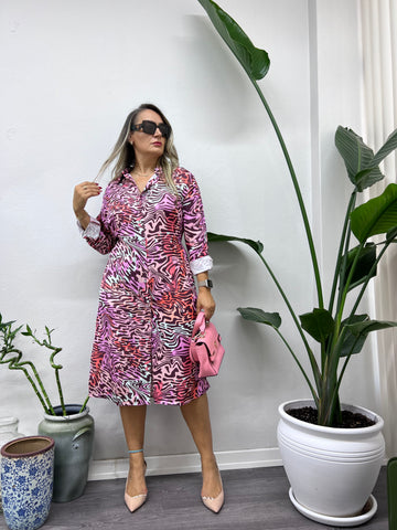 A01395 pembe zebra desen crep saten gömlek elbise