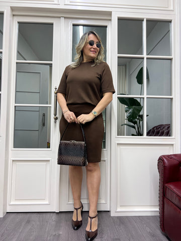 A01822 beli bluzan kahve modal kumaş elbise