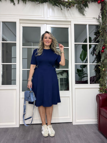 A02342 lacivert yanları takılı likralı elbise