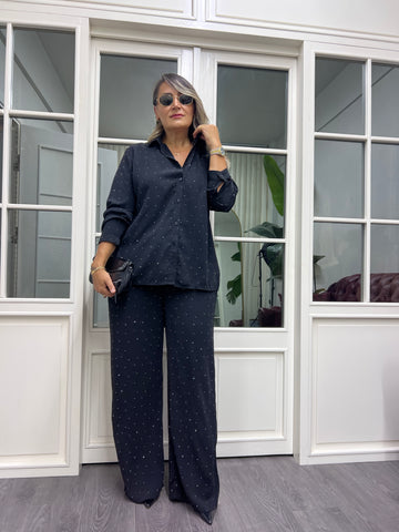 A02054 crep kumaş dökümlü taşlı pantolon