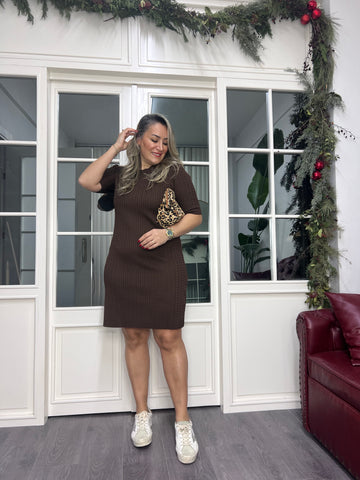 A02322 kahve örgü desen triko elbise