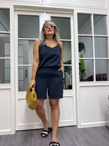 A01991 siyah askılı şort takım tensel kumaş