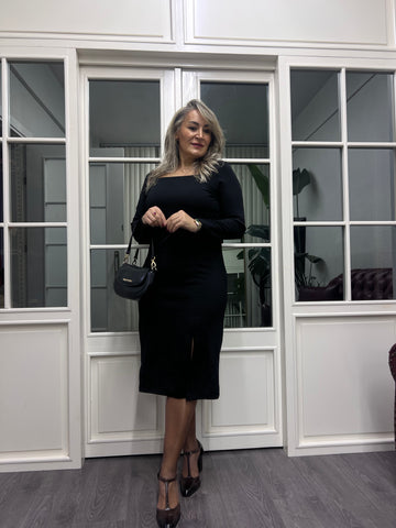 A02166 kare yaka likralı yırtmaçlı elbise