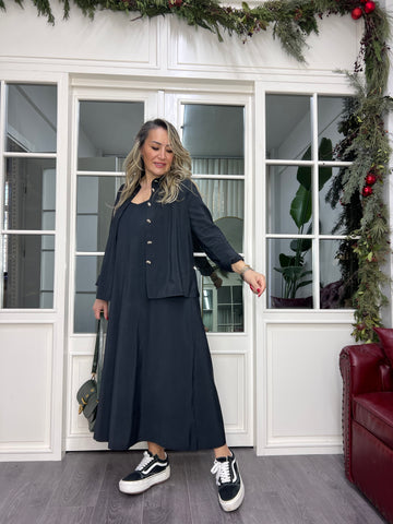 A02340 siyah tensel kumaş gömlek elbise takım