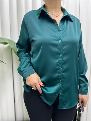 A01662 yeşil Crep saten gömlek