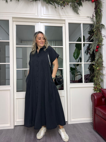 A02349 black Tencel fabric crepe buttoned dress
