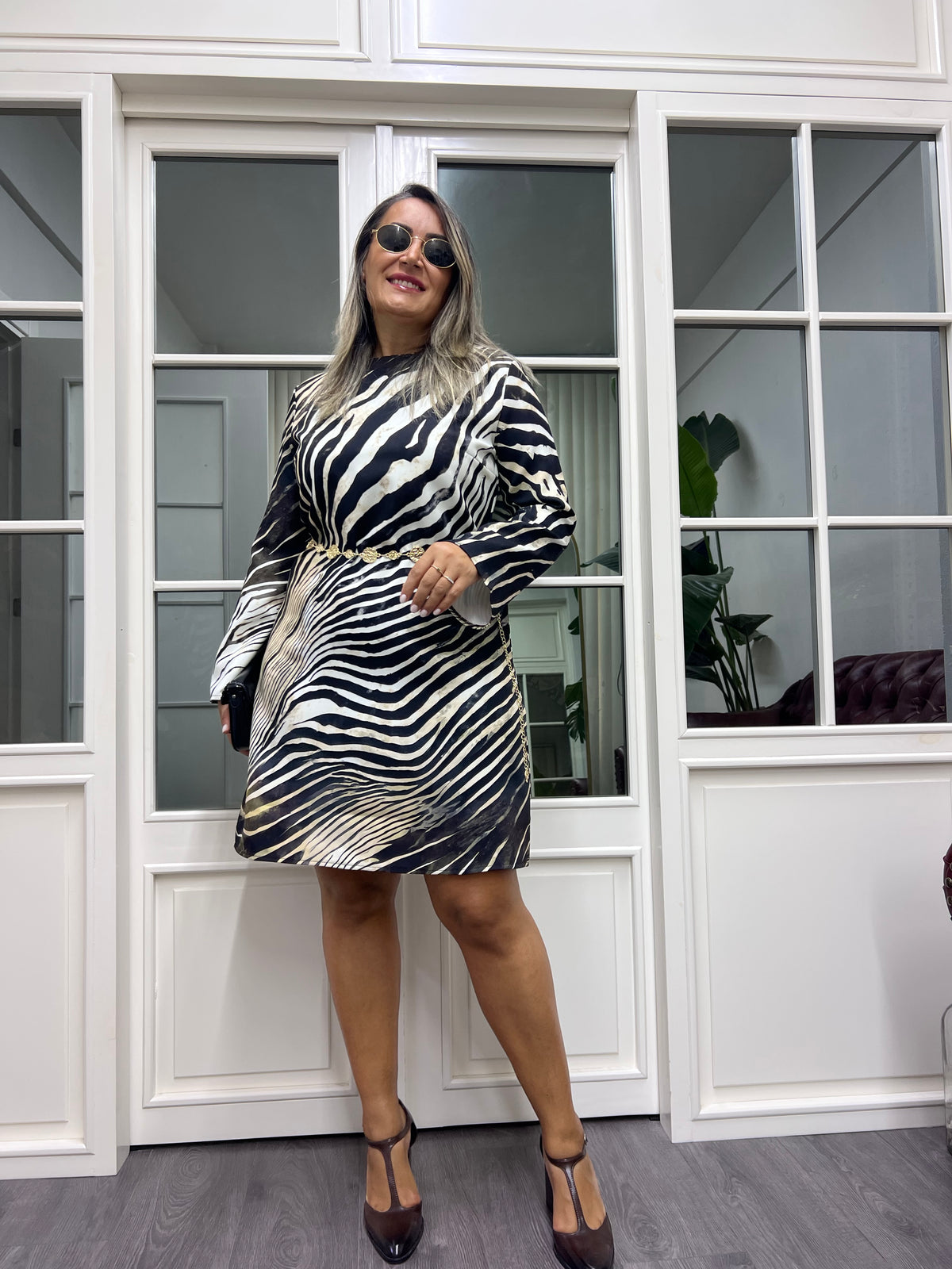 A02064 zebra desen dokuma elbise