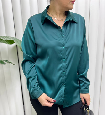 A01662 yeşil Crep saten gömlek