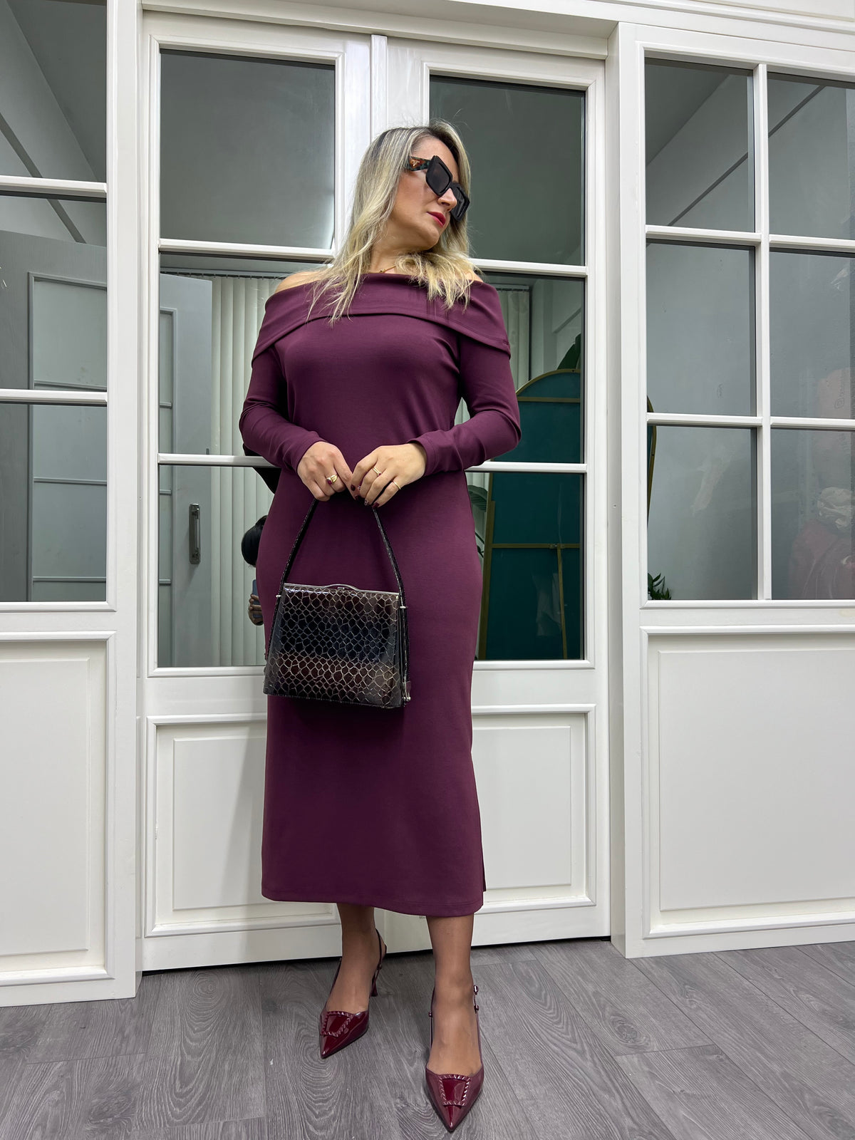 A01651 bordo modal kumaş madonna elbise