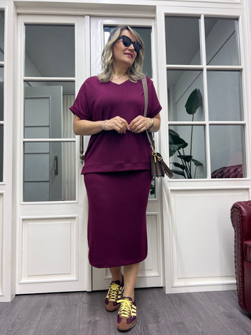 A01814 burgundy modal fabric skirt and blouse set