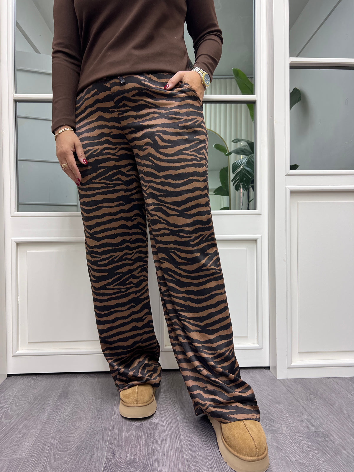 A02096 zebra desen beli lastikli pantolon