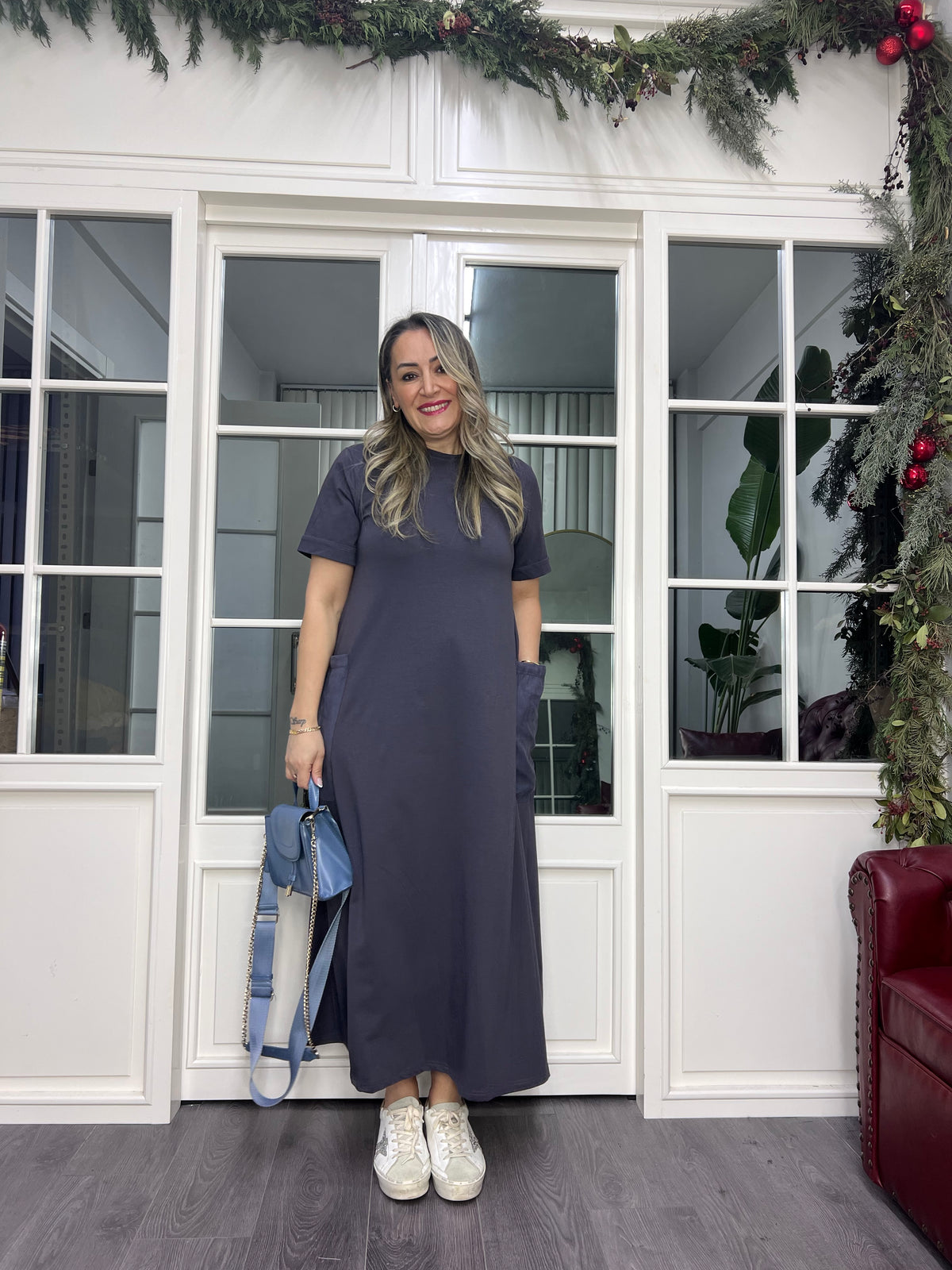 A02379 gri cepli likralı midi elbise