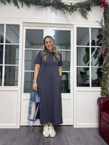 A02379 gri cepli likralı midi elbise