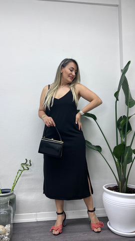 A0163 askılı siyah yanları yırtmaçlı kalem elbise