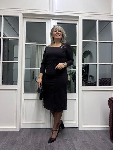 A02168 kahve kare yaka yırtmaçlı likralı elbise