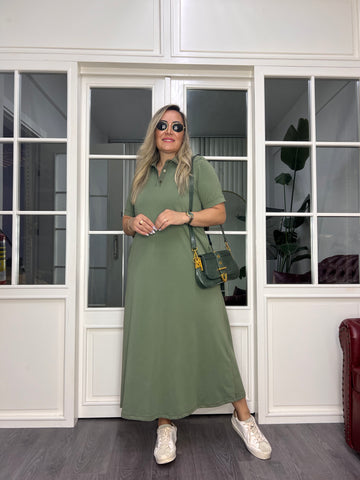A02650 yakalı likralı haki düz kesim elbise