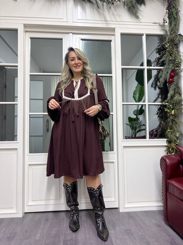 A02306 püsküllü viskon kahve elbise