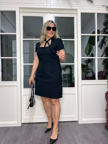 A02469 black stretch dress with tie neck