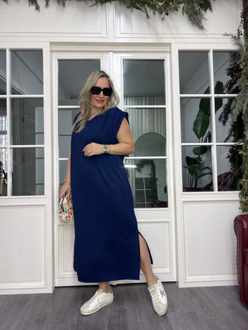 A02451 lacivert omuzu pilili likralı modal kumaş elbise