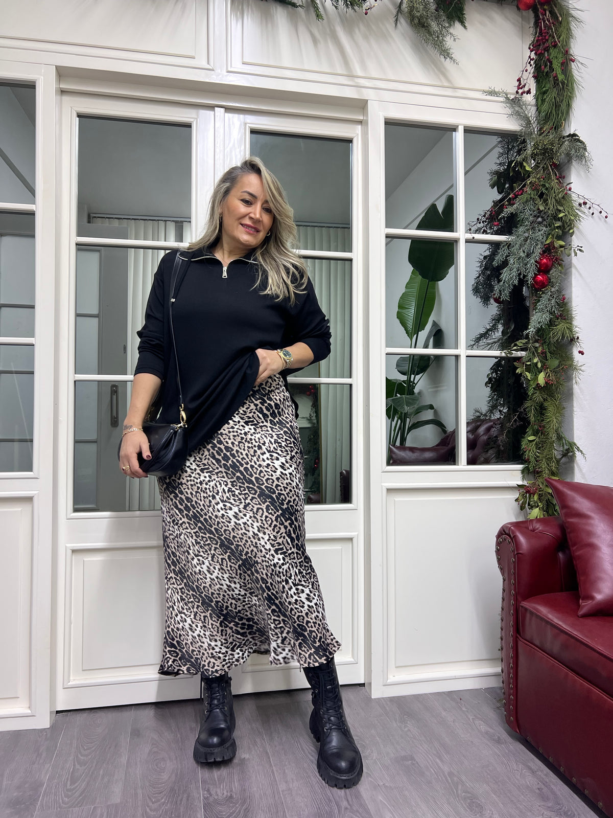 A02216 leopar crep saten etek