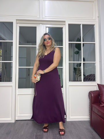 A02618 bordo askılı likralı yırtmaçlı elbise