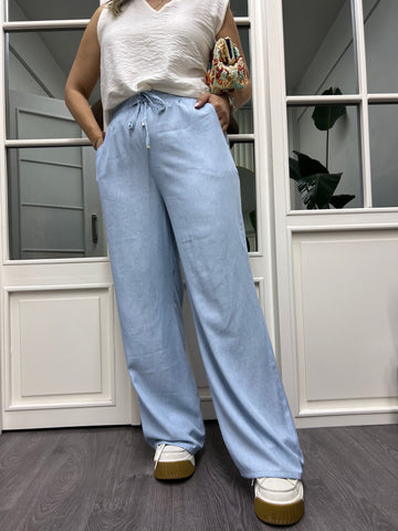 A01910 beli lastikli açık mavi bol pantolon