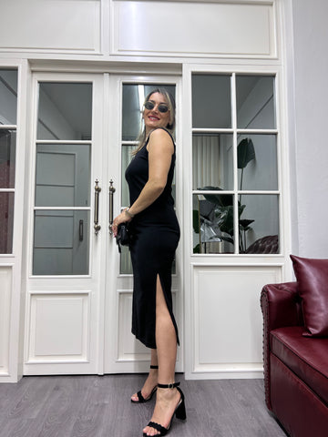 A01894 kare yaka likralı yırtmaçlı elbise