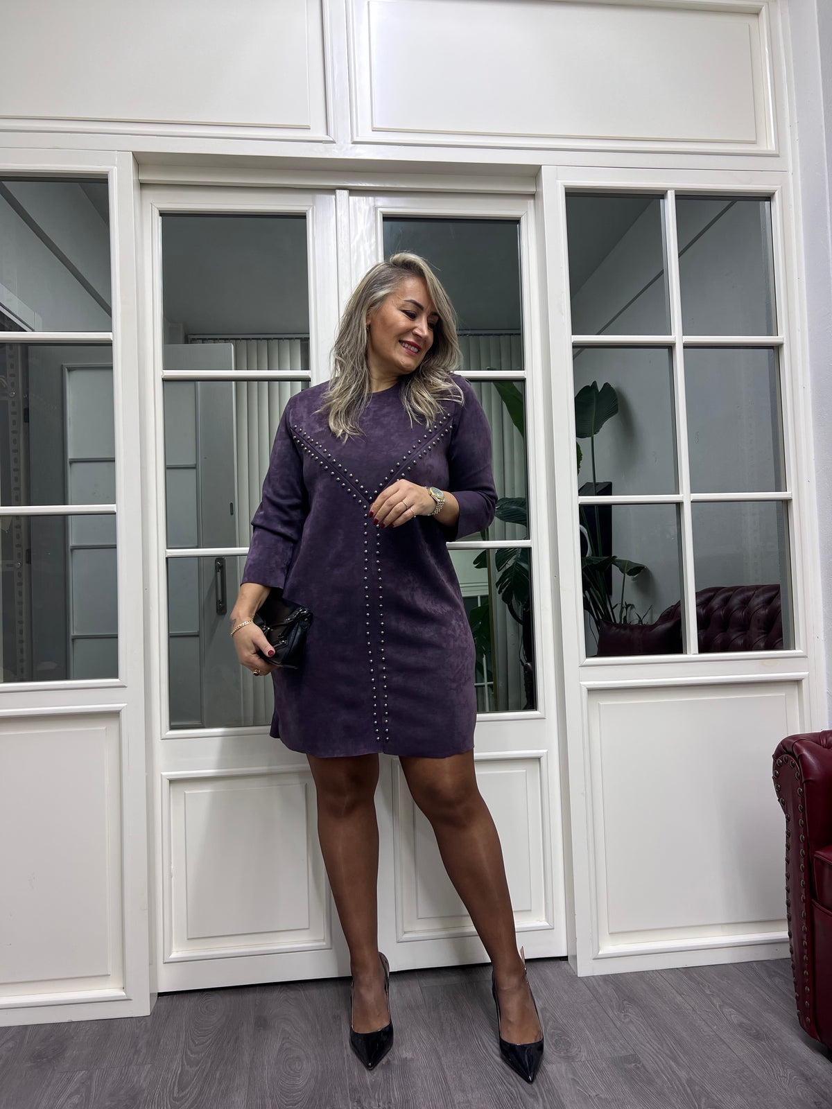 A02157 nubuk zımbalı elbise