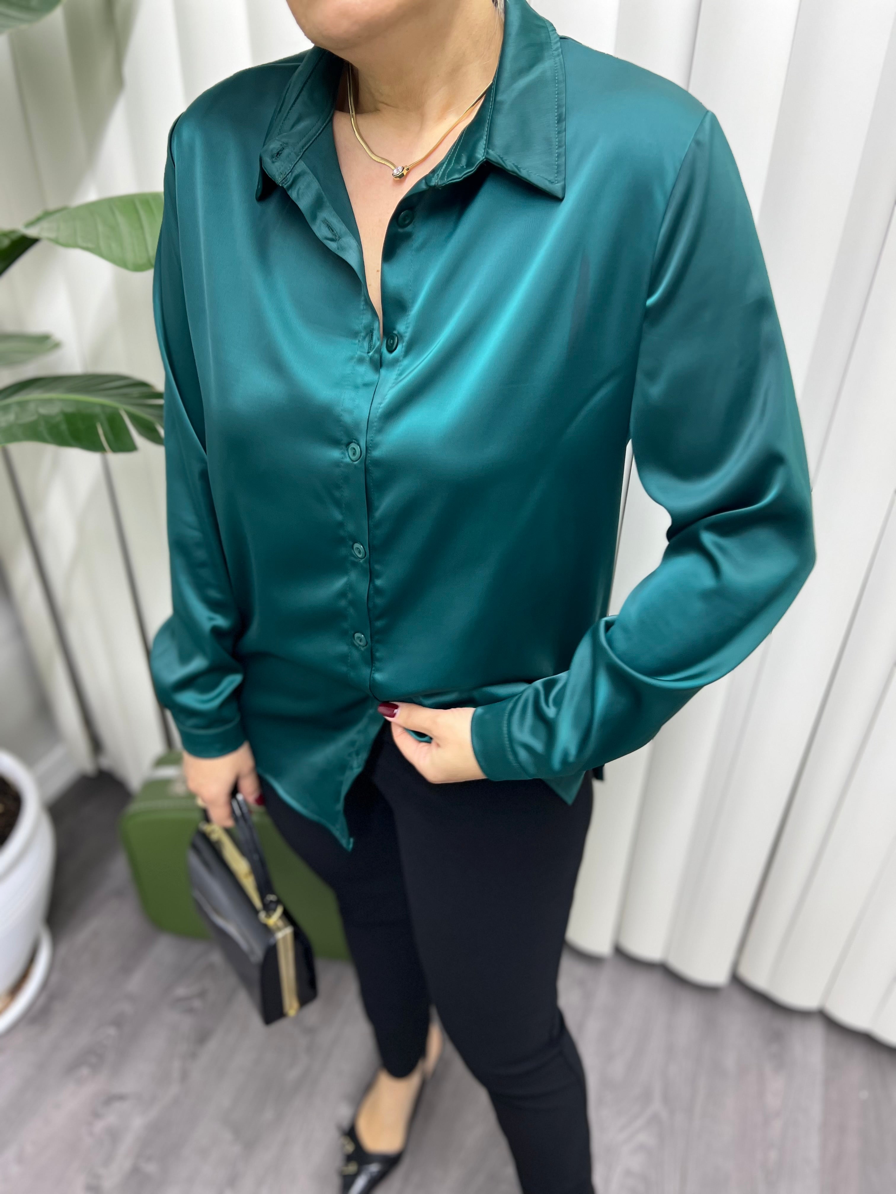 A01662 yeşil Crep saten gömlek