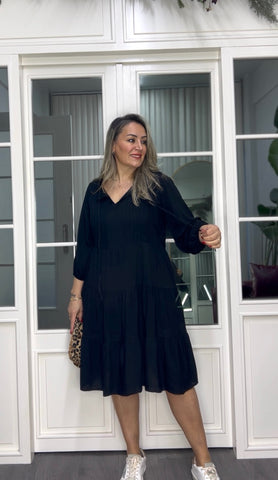 A02315 siyah ipli viskon kumaş owersize elbise