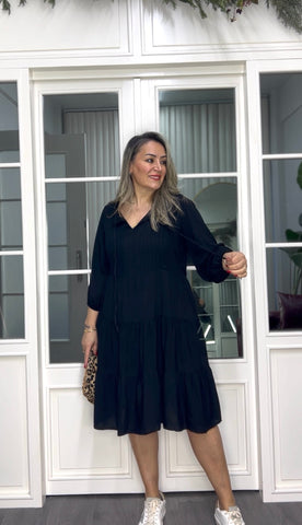 A02315 siyah ipli viskon kumaş owersize elbise