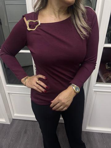 A02149 bordo omuzu metalli likralı bluz