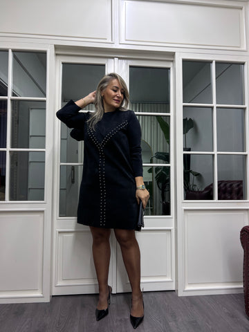 A02156 nubuk likralı zımbalı siyah elbise