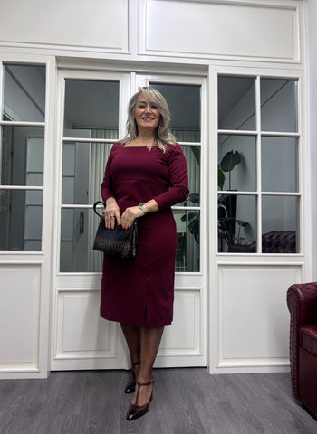 A02167 bordo kare yaka yırtmaçlı Likralı elbise